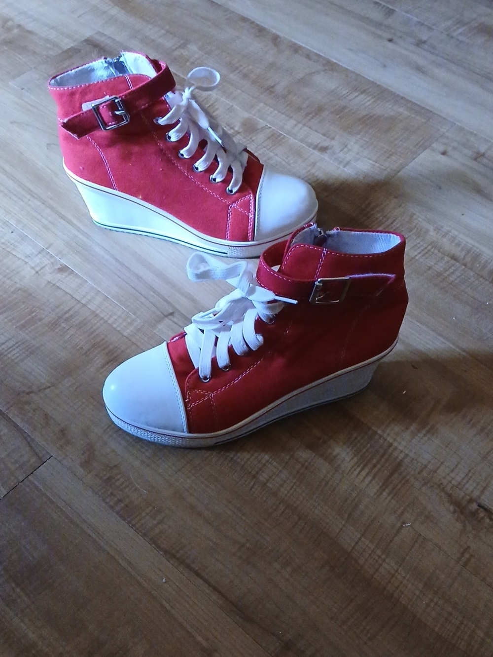 Red Platform High-Top Sneakers with Ankle Buckle
